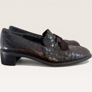 Stuart Weitzman Dark Brown Croc-Embossed Loafers